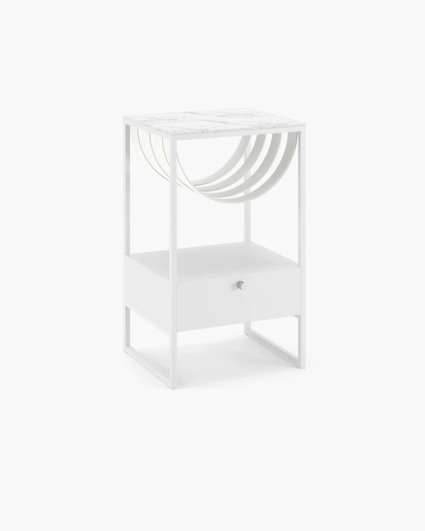 Iris bed table in white with ivory leather accents and Entzo dekton top, ideal for modern bedroom decor.